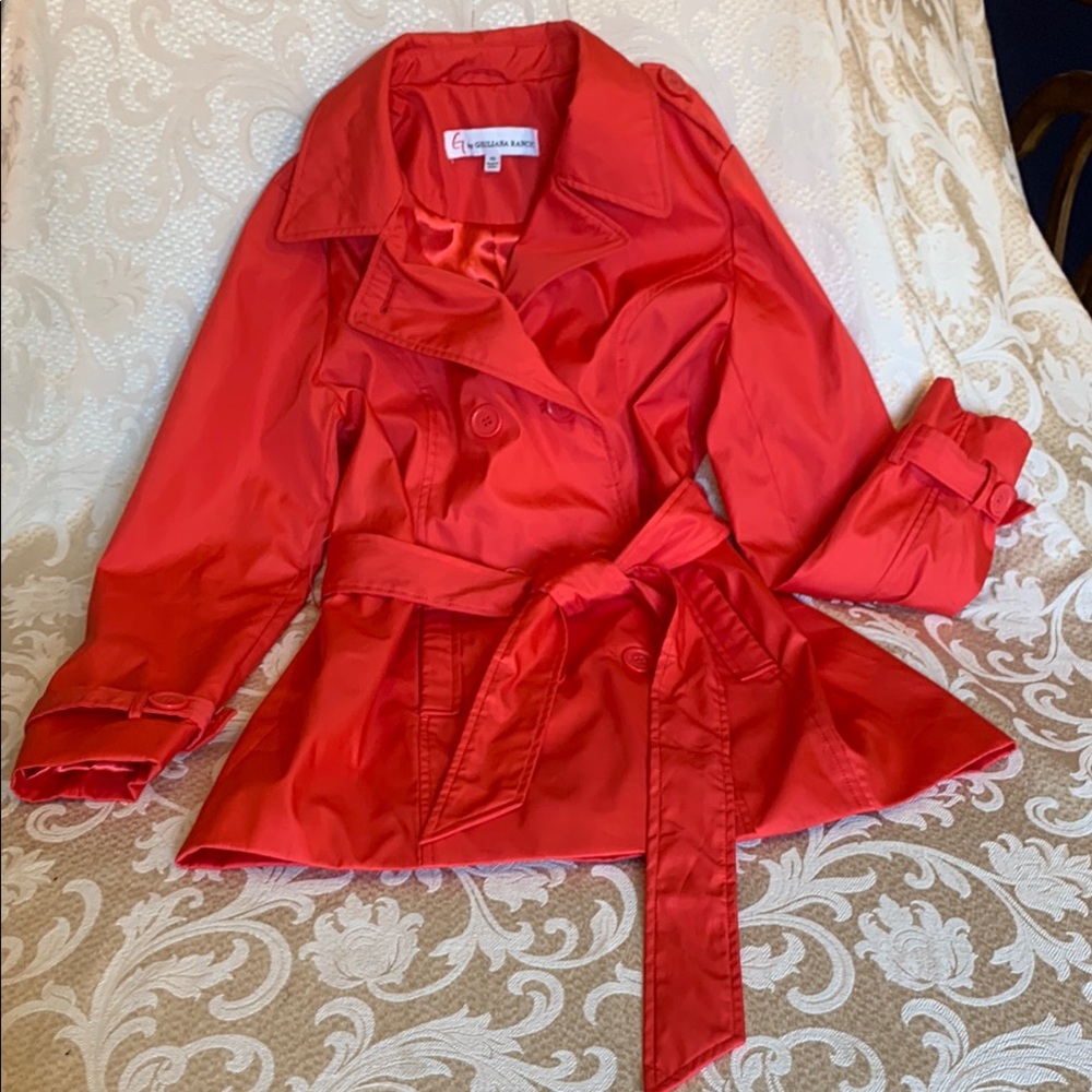 G by Giuliana Red Trench Coat with Satin Finish and Tie-Front